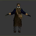 Game Movie Character Wearing Gas Mask Brown Apron Blue Top Shoulder Bag And Black Gloves