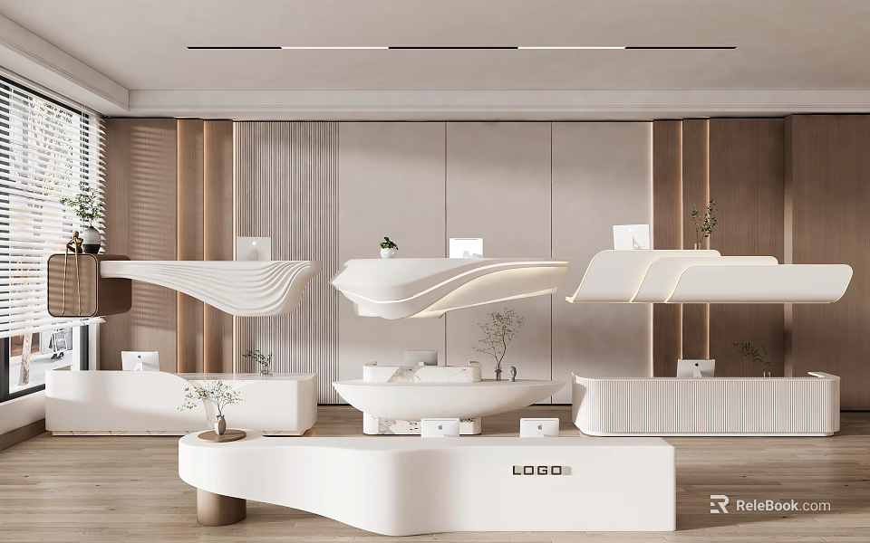 Modern White Curved Reception Desk With Logo Potted Plants And Wooden Background Wall 3d model 