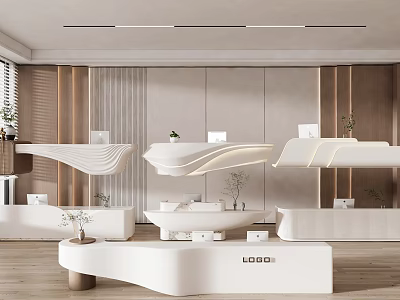 Modern White Curved Reception Desk With Logo Potted Plants And Wooden Background Wall 3d model