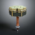 Unique Hammer Weapon Featuring Cylindrical Top Metal Bands And Brown Handle