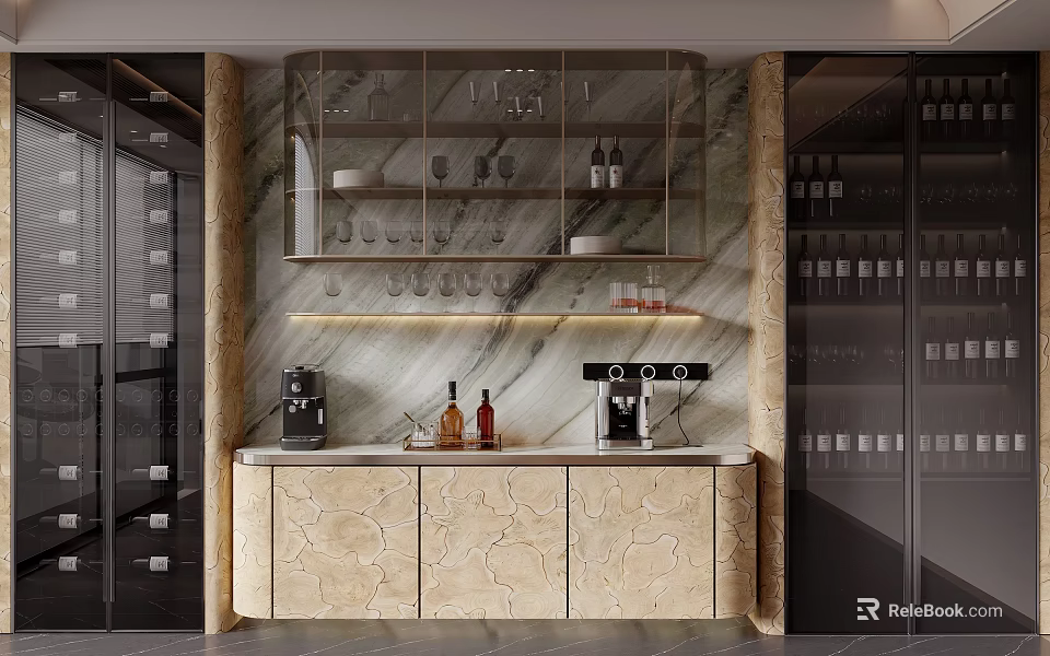 Luxury Marble Home Wine Cabinet With Glass Display Shelves And Soft Built In Lighting 3d model 