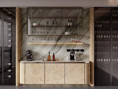 Luxury Marble Home Wine Cabinet With Glass Display Shelves And Soft Built In Lighting 3d model