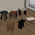 Various Modern Minimalist Wooden Stools With Different Designs And Colors On Wooden Floor
