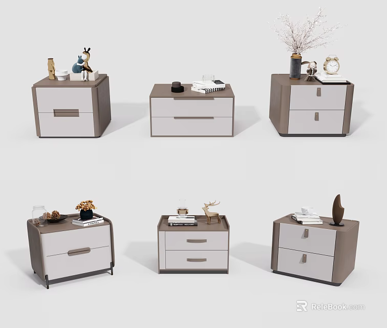 Modern Bedside Tables With Drawers And Decorative Items On Top Surface 3d model
