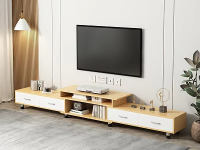 Modern Wooden TV Stand With Drawers Open Shelves And TV On Top 3d model