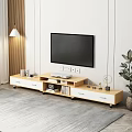 Modern Wooden TV Stand With Drawers Open Shelves And TV On Top
