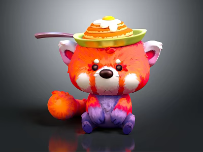 Cute Red Panda Plush Toy With Pancake Hat Honey And Fried Egg Spoon 3d model