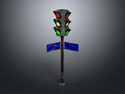 Vintage Traffic Light With Red Yellow Green Lights And Blue Street Sign On Metal Pole 3d model