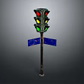 Vintage Traffic Light With Red Yellow Green Lights And Blue Street Sign On Metal Pole