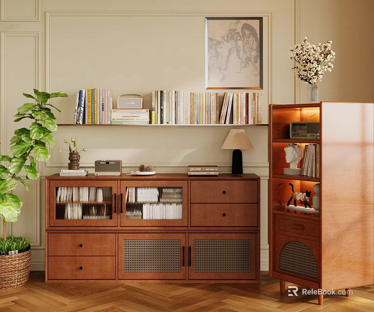 Wooden Chest of Drawers With Bookshelf Books Lamp Green Plant And Decorative Painting 3d model 