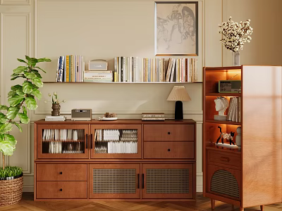 Wooden Chest of Drawers With Bookshelf Books Lamp Green Plant And Decorative Painting 3d model