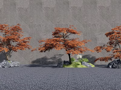 Orange Red Leaf Trees With Gray Wall Background Black Gravel Ground Stones And Green Grass 3d model
