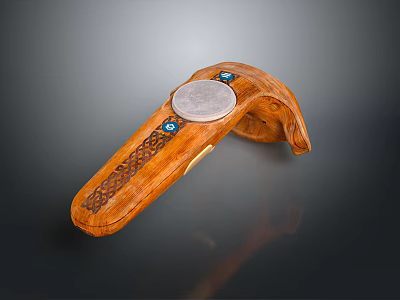 Unique Wooden Electronic Remote Control With Braided Pattern Circular Silver Panel And Blue Accents 3d model