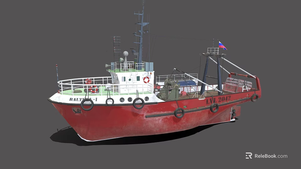 Red Marine Ship With Russian Flag Deck Lifebuoy Antenna And White Cabin Structure 3d model 