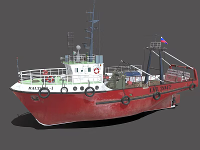 Red Marine Ship With Russian Flag Deck Lifebuoy Antenna And White Cabin Structure 3d model