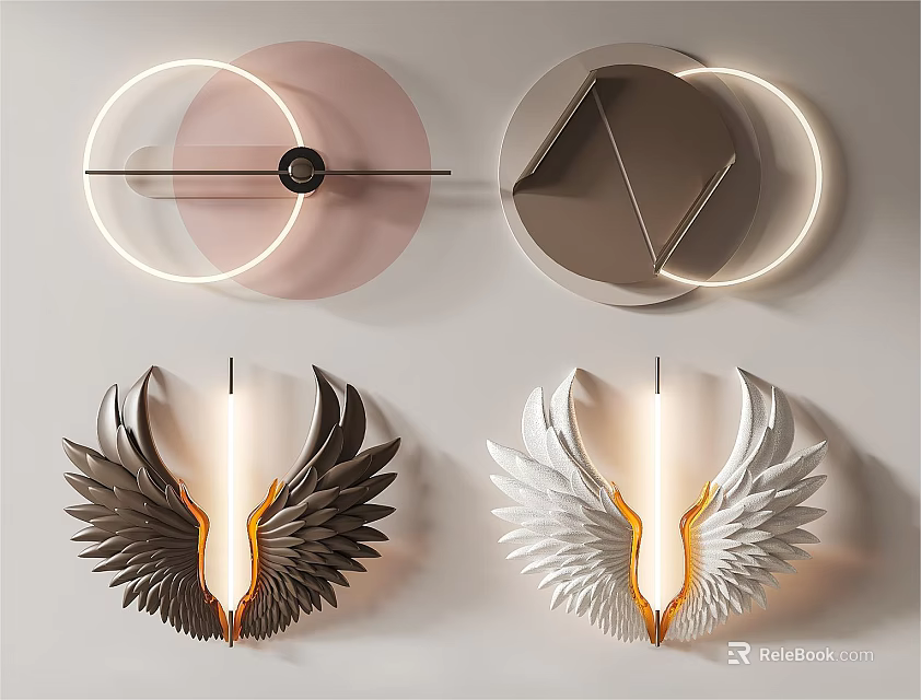 Modern Wall Decor With Geometric Circular Wing Shaped Lighting And Black White Orange Accents 3d model 