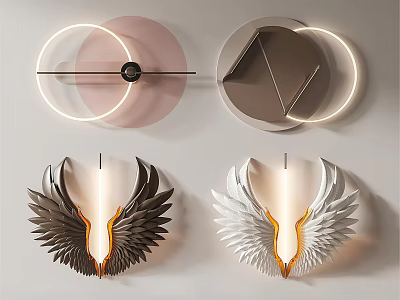 Modern Wall Decor With Geometric Circular Wing Shaped Lighting And Black White Orange Accents 3d model
