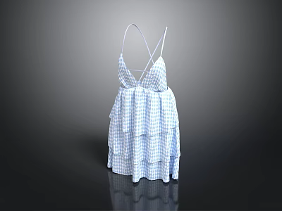 Stylish Blue And White Checkered Spaghetti Strap Dress With Layered Skirt 3d model