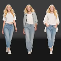 Three Blond Women Modeling White Tops And Blue Jeans On Black Background