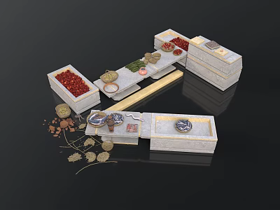 Traditional Chinese Food Display Setup With White Containers Red Dates Green Vegetables And Decorative Leaves 3d model