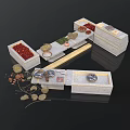 Traditional Chinese Food Display Setup With White Containers Red Dates Green Vegetables And Decorative Leaves