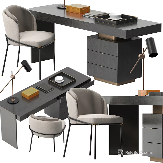 Modern Office Desk With Comfortable Chair Black Lamp And Drawer Cabinet 3d model 