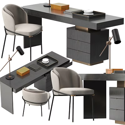 Modern Office Desk With Comfortable Chair Black Lamp And Drawer Cabinet 3d model
