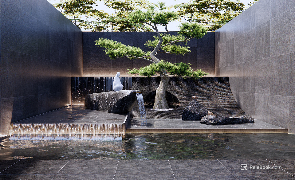 Tranquil Garden Artwork with Pine Tree Waterfall White Sculpture Stones and Black Walls 3d model 