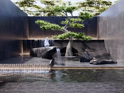 Tranquil Garden Artwork with Pine Tree Waterfall White Sculpture Stones and Black Walls 3d model