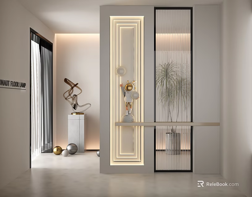 Modern Entryway Hallway Interior Design With Recessed Lighting Decorative Ornaments And Potted Plant 3d model 