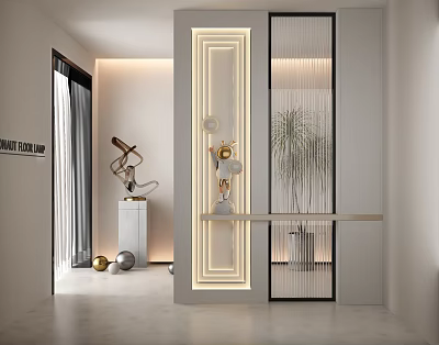 Modern Entryway Hallway Interior Design With Recessed Lighting Decorative Ornaments And Potted Plant 3d model