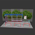 Bus Stop Shelter With Golden Roof Red Frame Green Trees Information Board And Trash Can