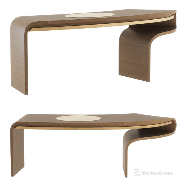 Sleek Contemporary Walnut Wood Dining Table With Smooth Curved Shape And Exquisite Gold Metal Inlay 3d model 