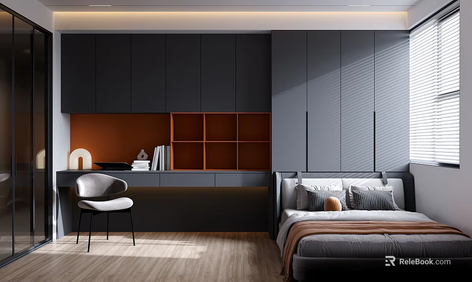 Modern Tatami Bedroom Interior Design With Grey Storage Cabinets And Wooden Floor 3d model 