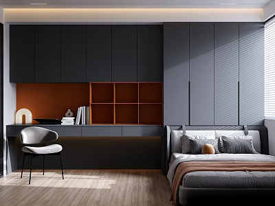 Modern Tatami Bedroom Interior Design With Grey Storage Cabinets And Wooden Floor 3d model