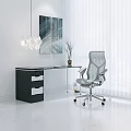 Modern Home Office Desk With Black Drawers And Silver Ergonomic Chair