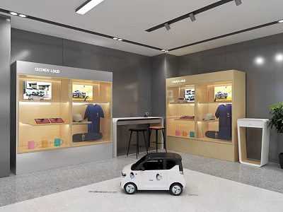 Modern Retail Store Interior With Display Cases Showcasing Clothing Shoes And Small Electric Car 3d model
