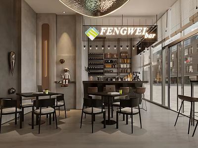 Stylish FENGWEI Bar Interior With Bar Counter Shelves Tables Chairs And Pendant Lights 3d model