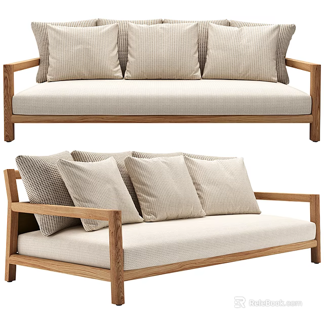 Modern Multi Seat Sofa With Wooden Frame Light Fabric Upholstery And Decorative Pillows 3d model 