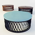 Modern Round Ottoman Seats With Leather Top And Woven Frame In Blue Brown