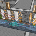 Modern Landscape Wall Design With Red Fish Motifs Stone Panels Water Fountain And Green Plants