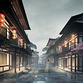 Rainy Ancient Architecture Street with Red Lanterns Woman in Traditional Dress and Cherry Blossom Trees