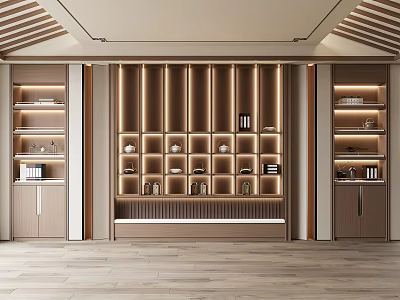 Elegant Modern Decorative Cabinet With LED Lighting Layered Shelves And Wooden Storage Design 3d model