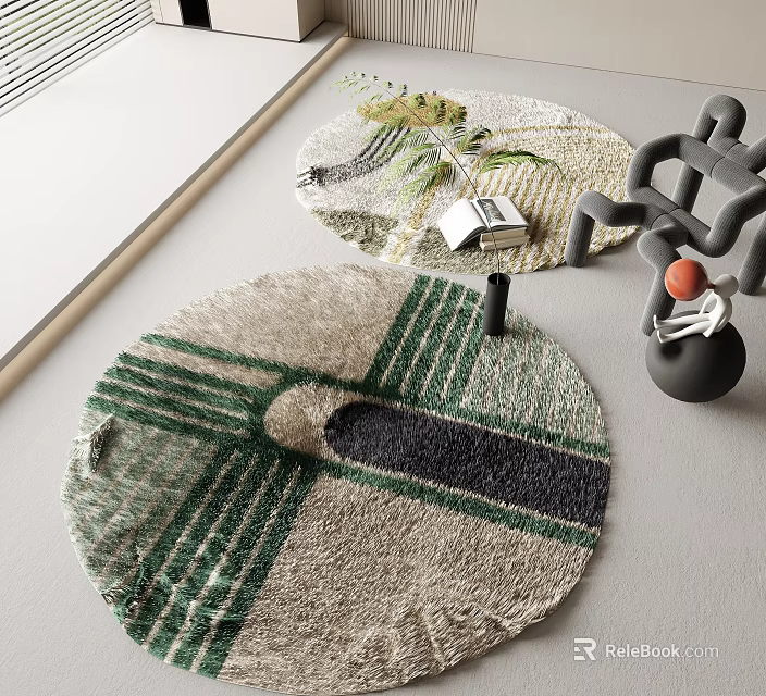 Round Textured Rug With Green Gray Stripes And Modern Decorative Elements 3d model 