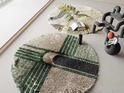 Round Textured Rug With Green Gray Stripes And Modern Decorative Elements 3d model
