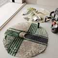 Round Textured Rug With Green Gray Stripes And Modern Decorative Elements