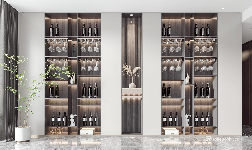 Modern Wooden Wine Cabinet Interior Design With Bottles Wine Glasses And Storage Shelves 3d model 