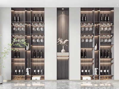 Modern Wooden Wine Cabinet Interior Design With Bottles Wine Glasses And Storage Shelves 3d model