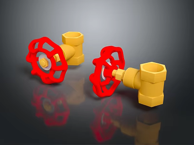 Yellow Hardware Valves With Red Wheel Handles Durable Industrial Tools 3d model