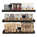 Layered Woven Shelves With Assorted Coffee Tea And Spice Packages Decorative Display Set
